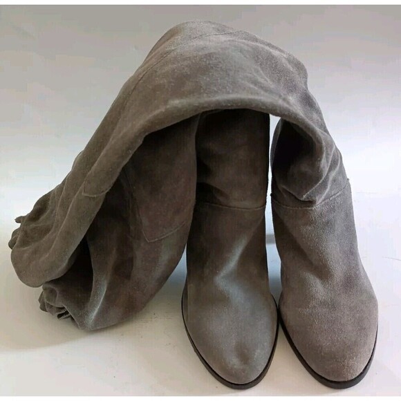 Michael Kors Knee High Boots Size 6 Leather Suede Pull On Cone High Heel Gray - Picture 3 of 14